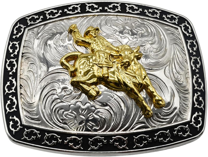 WMG Bull Rider Cowboy Rodeo Western Large Gold Tone Cowboy Riding Bull Unisex Fashion Belt Buckle - Image 1